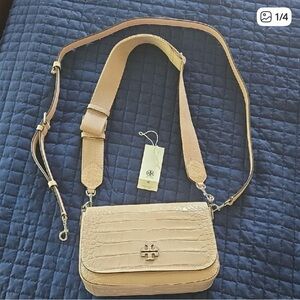 Tory Burch Beige Croc-Embossed Crossbody Bag